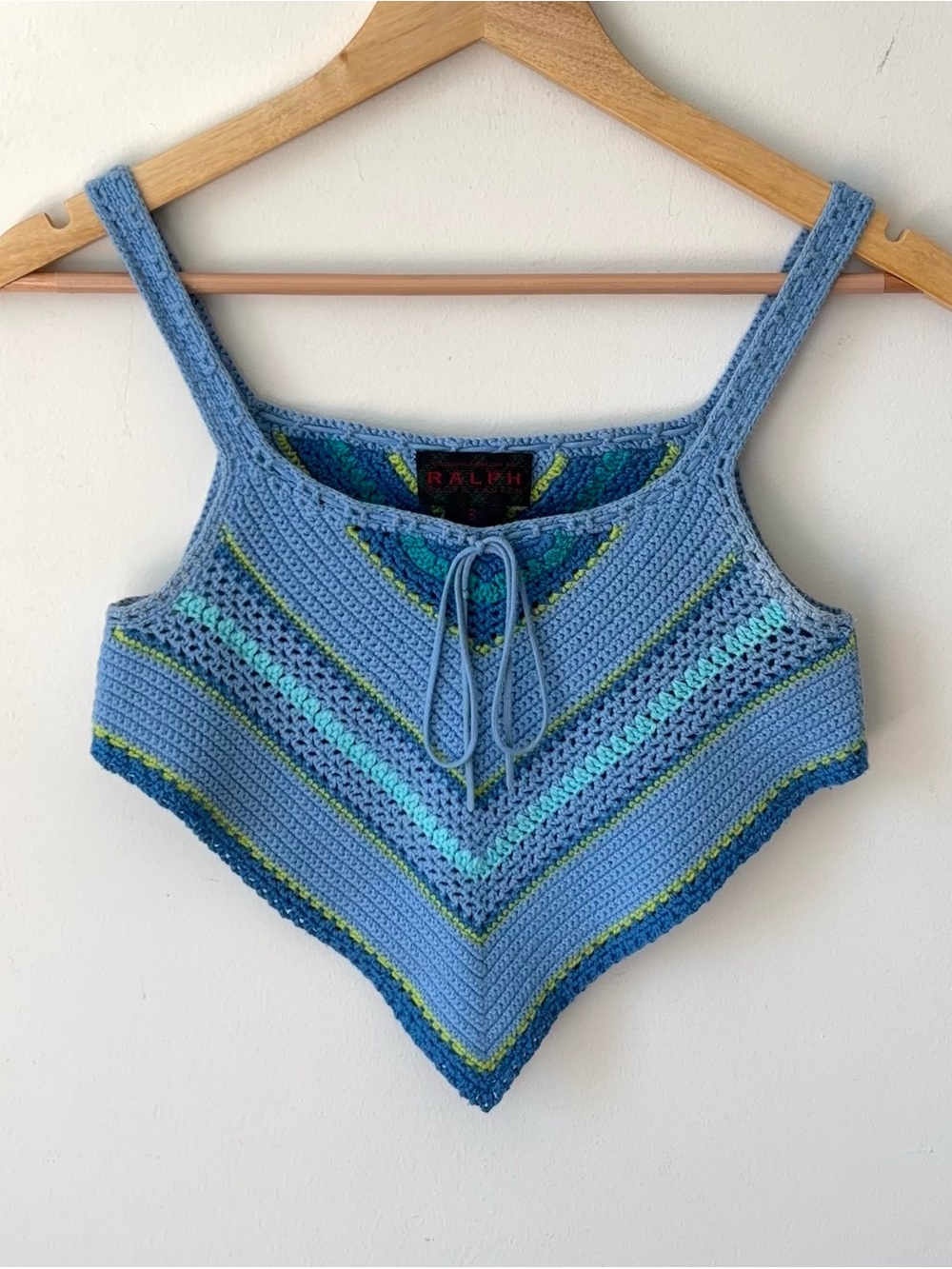 Vintage Ralph Lauren Hand Knit Crochet Crop Top Size S Blue Y2K Boho Festival